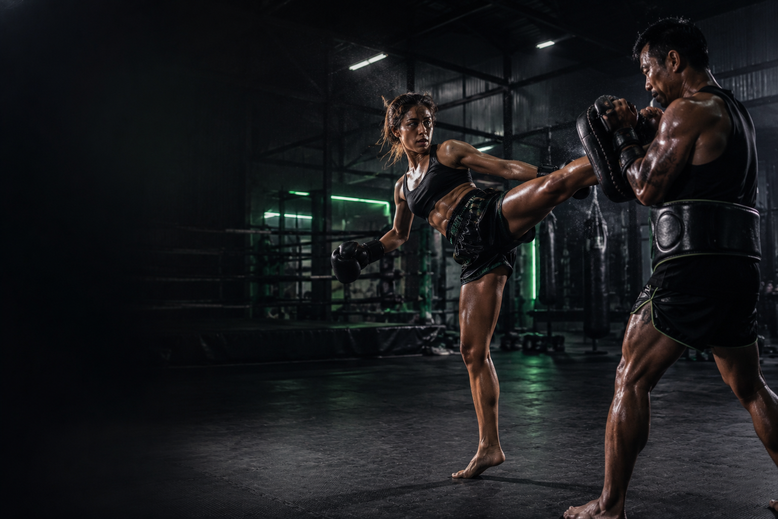 Muay Thai coach training with a student